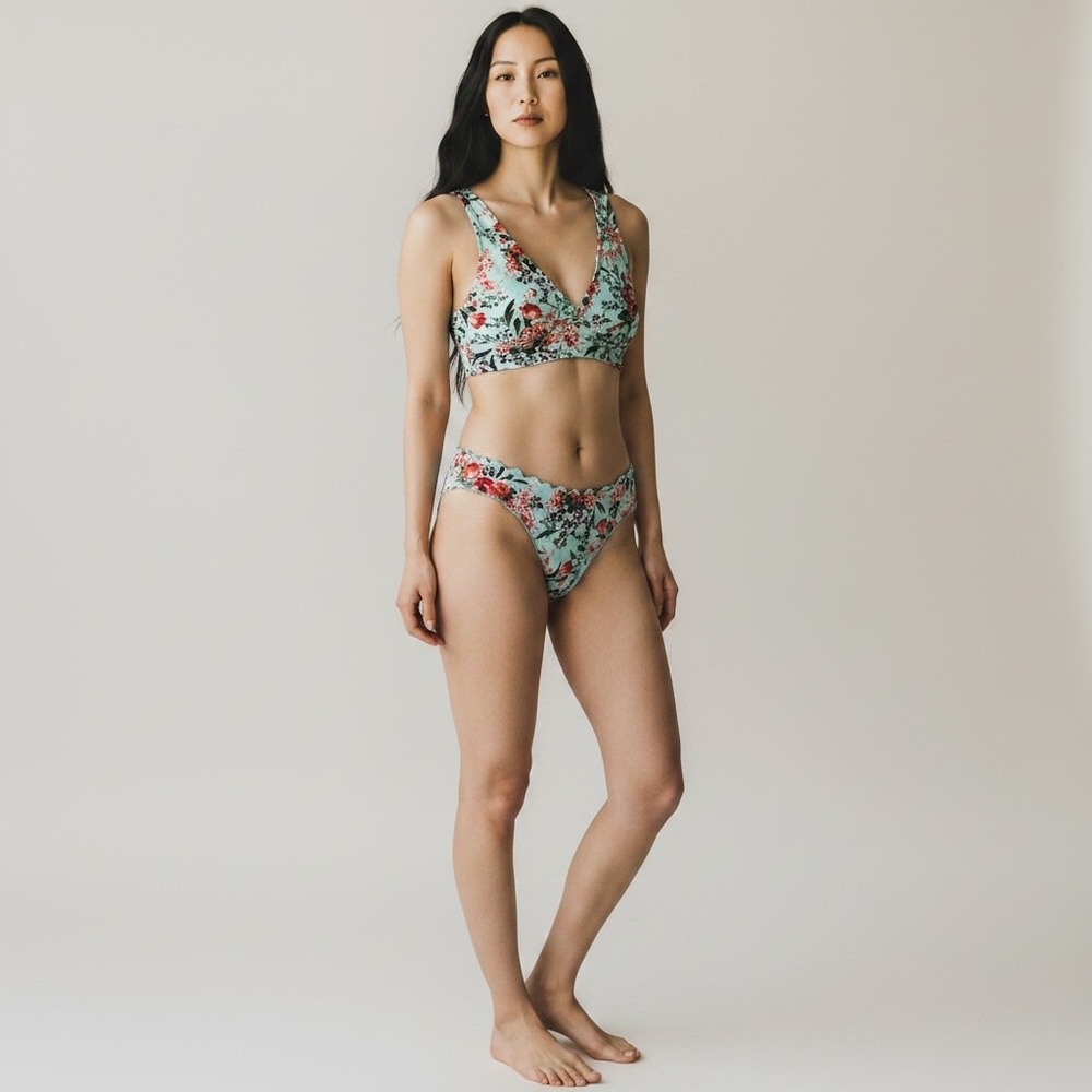 Mossimo‎ Floral Bikini Set Aqua Pink Floral Ruffle Trim Two Piece Swimwear M/L
